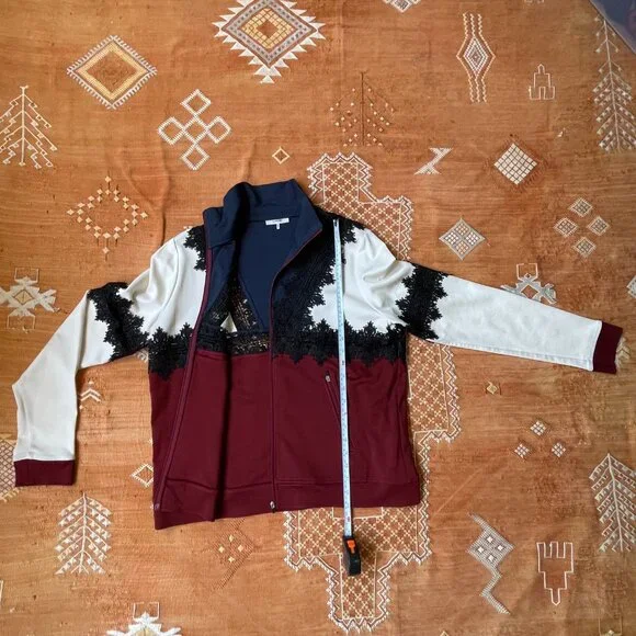 GANNI Colorblock Lace Zip-Up Jacket – Burgundy, Navy & Cream - size small - Picture 2 of 5